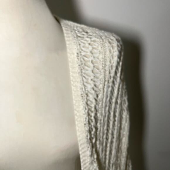 Cream Fringe Knit Crochet Long Cardigan Sweater Sz M/L Boho Coverup - Picture 3 of 8
